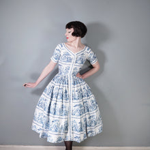 Load image into Gallery viewer, 50s BLUE WHITE TOILE PRINT FULL SKIRTED HORROCKSES FASHIONS DRESS - S