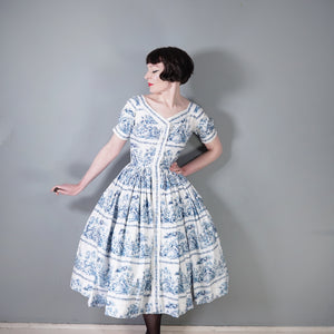 50s BLUE WHITE TOILE PRINT FULL SKIRTED HORROCKSES FASHIONS DRESS - S
