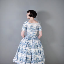 Load image into Gallery viewer, 50s BLUE WHITE TOILE PRINT FULL SKIRTED HORROCKSES FASHIONS DRESS - S