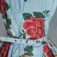Load image into Gallery viewer, 50s CHAPON LIGHT BLUE HUGE RED WHITE AND YELLOW ROSE PRINT DRESS - M