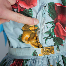 Load image into Gallery viewer, 50s CHAPON LIGHT BLUE HUGE RED WHITE AND YELLOW ROSE PRINT DRESS - M