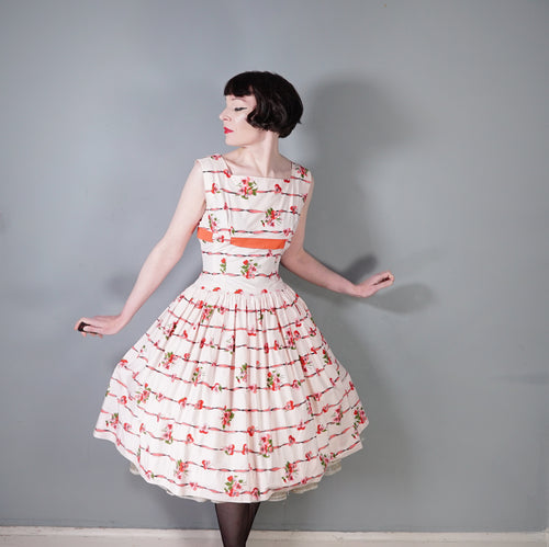 50s CALIFORNIA COTTONS PASTEL PINK RIBBON AND PANSY PRINT FULL SKIRTED DRESS - S