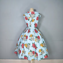 Load image into Gallery viewer, 50s CHAPON LIGHT BLUE HUGE RED WHITE AND YELLOW ROSE PRINT DRESS - M