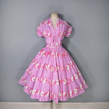 Load image into Gallery viewer, 50s HORROCKSES FASHION BRIGHT PINK FLORAL PRINT FULL SKIRTED COTTON DRESS - S