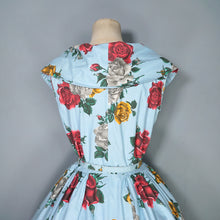 Load image into Gallery viewer, 50s CHAPON LIGHT BLUE HUGE RED WHITE AND YELLOW ROSE PRINT DRESS - M