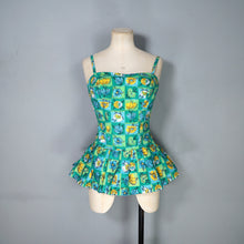 Load image into Gallery viewer, 50s TWEKA GREEN FLORAL SHIRRED AND SKIRTED COTTON SWIMSUIT - S-M
