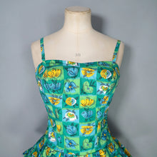 Load image into Gallery viewer, 50s TWEKA GREEN FLORAL SHIRRED AND SKIRTED COTTON SWIMSUIT - S-M