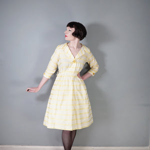 60s RHONA ROY YELLOW WOVEN STRIPE COTTON SHIRT DRESS - S-M