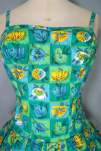 Load image into Gallery viewer, 50s TWEKA GREEN FLORAL SHIRRED AND SKIRTED COTTON SWIMSUIT - S-M