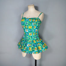 Load image into Gallery viewer, 50s TWEKA GREEN FLORAL SHIRRED AND SKIRTED COTTON SWIMSUIT - S-M