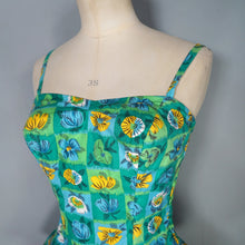 Load image into Gallery viewer, 50s TWEKA GREEN FLORAL SHIRRED AND SKIRTED COTTON SWIMSUIT - S-M