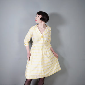 60s RHONA ROY YELLOW WOVEN STRIPE COTTON SHIRT DRESS - S-M