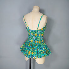 Load image into Gallery viewer, 50s TWEKA GREEN FLORAL SHIRRED AND SKIRTED COTTON SWIMSUIT - S-M