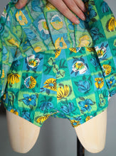Load image into Gallery viewer, 50s TWEKA GREEN FLORAL SHIRRED AND SKIRTED COTTON SWIMSUIT - S-M