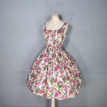 Load image into Gallery viewer, 50s 60s GREY AND PINK FLORAL DAY DRESS WITH BELT - S