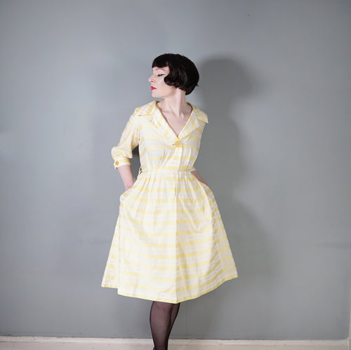 60s RHONA ROY YELLOW WOVEN STRIPE COTTON SHIRT DRESS - S-M