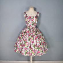 Load image into Gallery viewer, 50s 60s GREY AND PINK FLORAL DAY DRESS WITH BELT - S