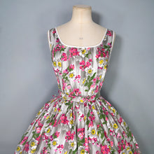 Load image into Gallery viewer, 50s 60s GREY AND PINK FLORAL DAY DRESS WITH BELT - S