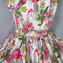 Load image into Gallery viewer, 50s 60s GREY AND PINK FLORAL DAY DRESS WITH BELT - S