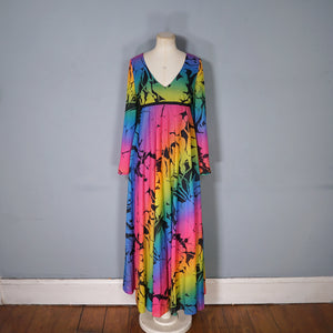 70s "MARISA" RAINBOW FLORAL FLOWING EMPIRE MAXI DRESS - M-L