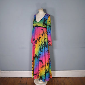 70s "MARISA" RAINBOW FLORAL FLOWING EMPIRE MAXI DRESS - M-L