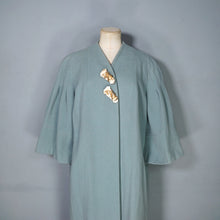 Load image into Gallery viewer, 50s 60s SURREALIST BLUE-GREY WOOL SWING COAT WITH FACE BROOCHES - S-M