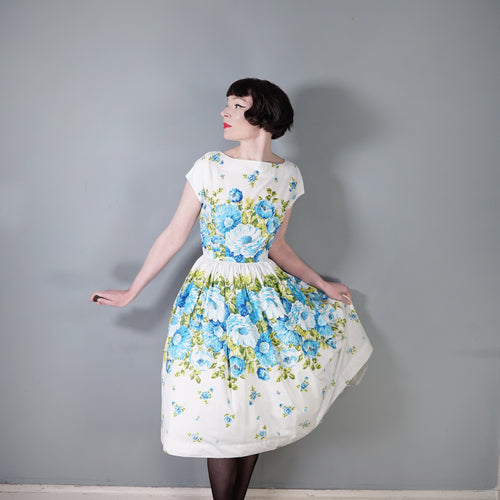 50s LIGHT BLUE HUGE FLORAL BORDER PRINT COTTON DRESS - S