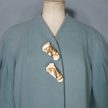 Load image into Gallery viewer, 50s 60s SURREALIST BLUE-GREY WOOL SWING COAT WITH FACE BROOCHES - S-M