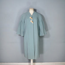 Load image into Gallery viewer, 50s 60s SURREALIST BLUE-GREY WOOL SWING COAT WITH FACE BROOCHES - S-M