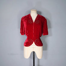 Load image into Gallery viewer, 40s RED VELVET ZIP FRONT BLOUSE WITH SWIRLING RHINESTONES - S-M