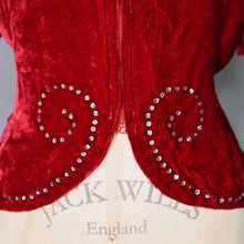 Load image into Gallery viewer, 40s RED VELVET ZIP FRONT BLOUSE WITH SWIRLING RHINESTONES - S-M
