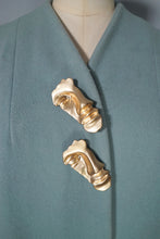 Load image into Gallery viewer, 50s 60s SURREALIST BLUE-GREY WOOL SWING COAT WITH FACE BROOCHES - S-M