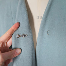 Load image into Gallery viewer, 50s 60s SURREALIST BLUE-GREY WOOL SWING COAT WITH FACE BROOCHES - S-M