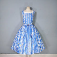 Load image into Gallery viewer, 50s BLUE AND WHITE CHECKED FULL SKIRTED COTTON DRESS WITH LITTLE YELLOW ROSES AND IVY - S-M