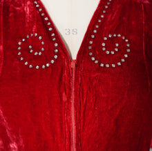 Load image into Gallery viewer, 40s RED VELVET ZIP FRONT BLOUSE WITH SWIRLING RHINESTONES - S-M