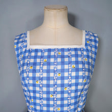 Load image into Gallery viewer, 50s BLUE AND WHITE CHECKED FULL SKIRTED COTTON DRESS WITH LITTLE YELLOW ROSES AND IVY - S-M