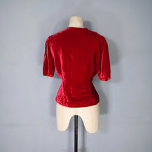 Load image into Gallery viewer, 40s RED VELVET ZIP FRONT BLOUSE WITH SWIRLING RHINESTONES - S-M