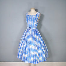 Load image into Gallery viewer, 50s BLUE AND WHITE CHECKED FULL SKIRTED COTTON DRESS WITH LITTLE YELLOW ROSES AND IVY - S-M