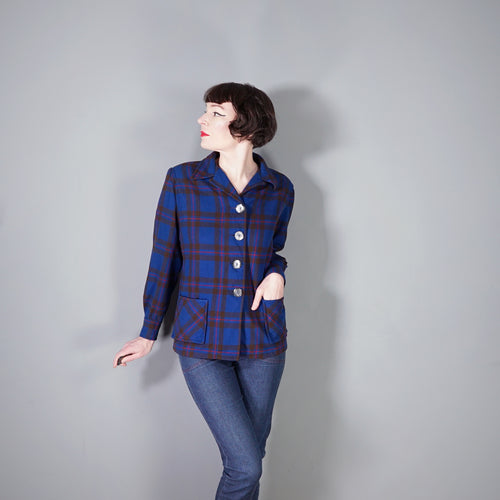 50s BLUE PENDLETON 49ER BOXY WOOL PLAID CHECK JACKET - M-L