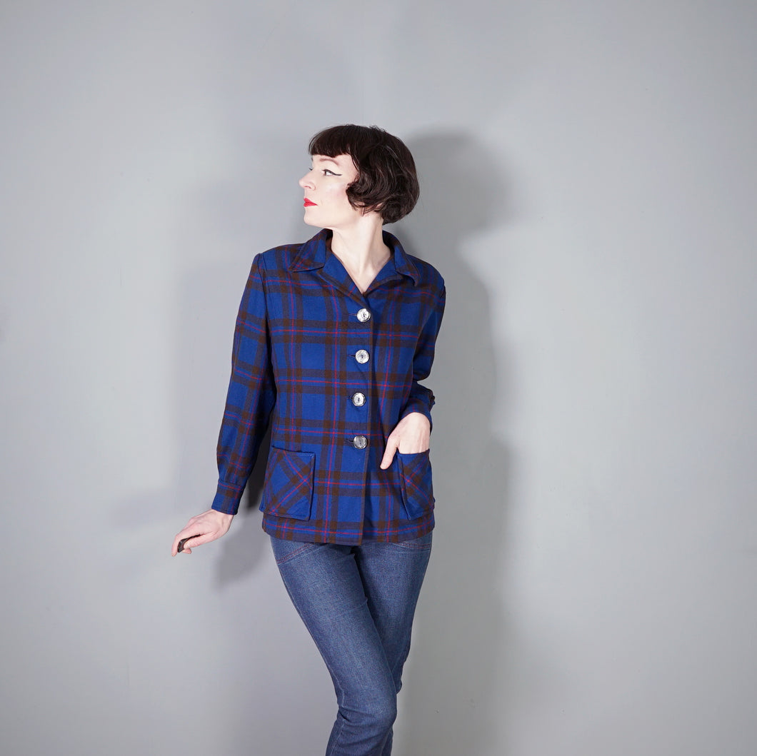 50s BLUE PENDLETON 49ER BOXY WOOL PLAID CHECK JACKET - M-L