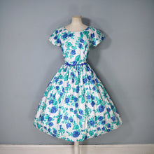 Load image into Gallery viewer, 50s BLUE WHITE FLORAL ROSE PRINT FULL SKIRTED COTTON DRESS - S