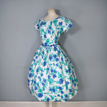 Load image into Gallery viewer, 50s BLUE WHITE FLORAL ROSE PRINT FULL SKIRTED COTTON DRESS - S