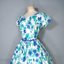 Load image into Gallery viewer, 50s BLUE WHITE FLORAL ROSE PRINT FULL SKIRTED COTTON DRESS - S