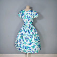 Load image into Gallery viewer, 50s BLUE WHITE FLORAL ROSE PRINT FULL SKIRTED COTTON DRESS - S