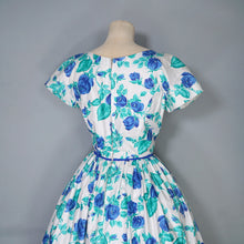 Load image into Gallery viewer, 50s BLUE WHITE FLORAL ROSE PRINT FULL SKIRTED COTTON DRESS - S