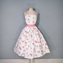 Load image into Gallery viewer, 50s WHITE AND PINK BUTTERFLY PRINT FULL SKIRTED SUN DRESS - S