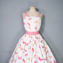 Load image into Gallery viewer, 50s WHITE AND PINK BUTTERFLY PRINT FULL SKIRTED SUN DRESS - S