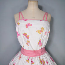 Load image into Gallery viewer, 50s WHITE AND PINK BUTTERFLY PRINT FULL SKIRTED SUN DRESS - S