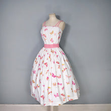 Load image into Gallery viewer, 50s WHITE AND PINK BUTTERFLY PRINT FULL SKIRTED SUN DRESS - S