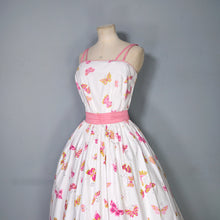 Load image into Gallery viewer, 50s WHITE AND PINK BUTTERFLY PRINT FULL SKIRTED SUN DRESS - S